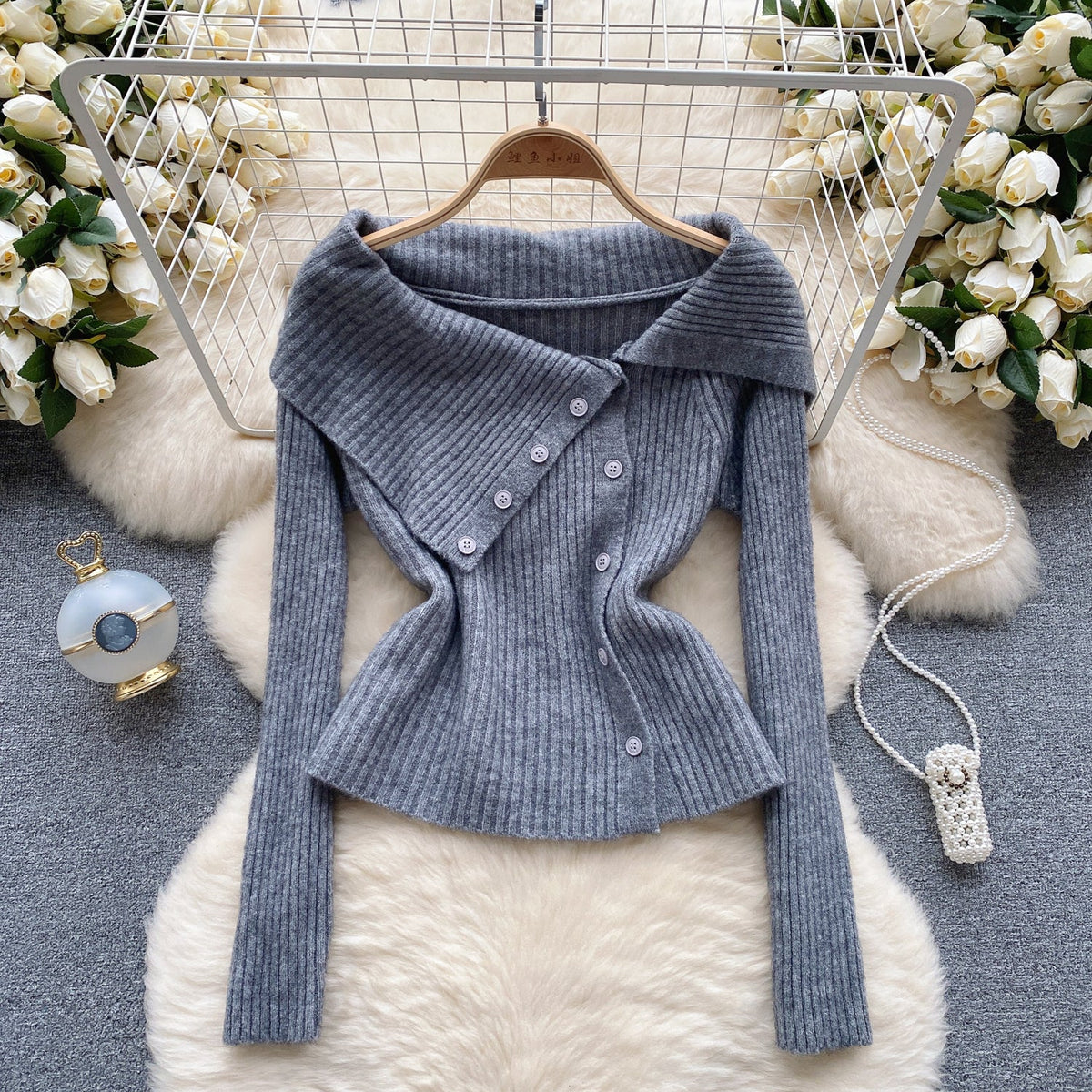 Lapel Collar Solid Color Knitwear