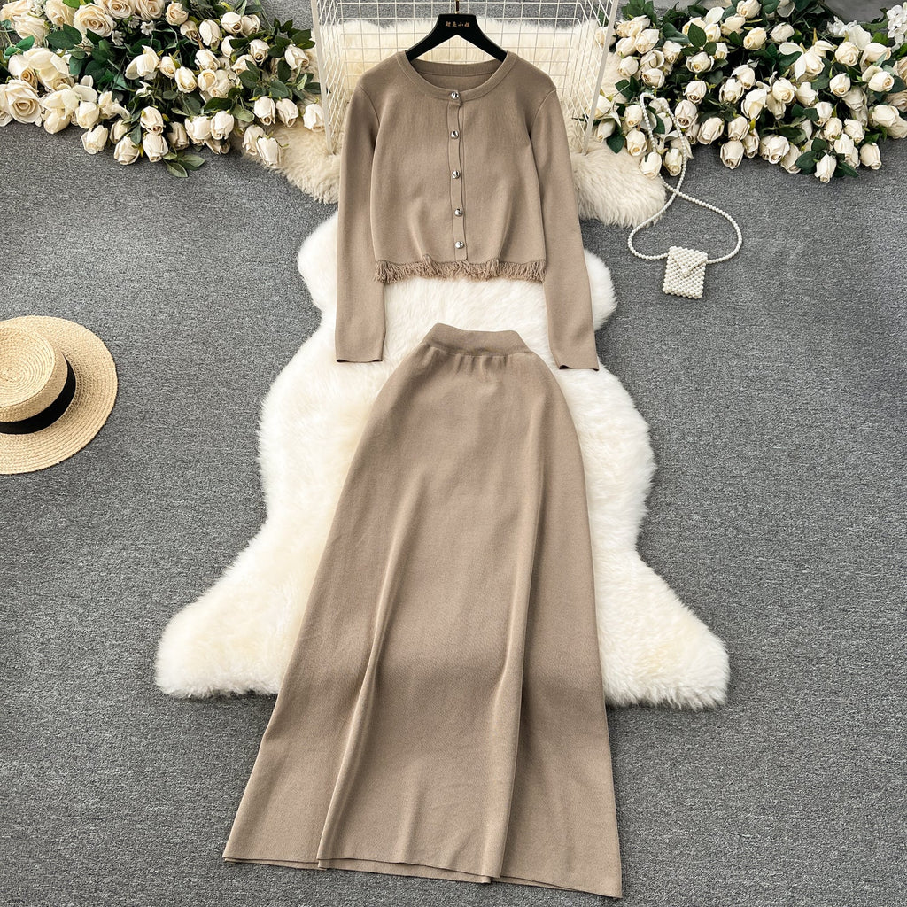 Cardigan&Half-body Skirt Fringed Knit 2Pcs