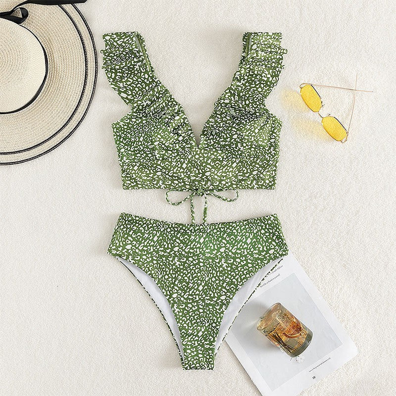 V-neck Ruffled Neckline High-waist Tankini