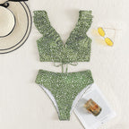 V-neck Ruffled Neckline High-waist Tankini