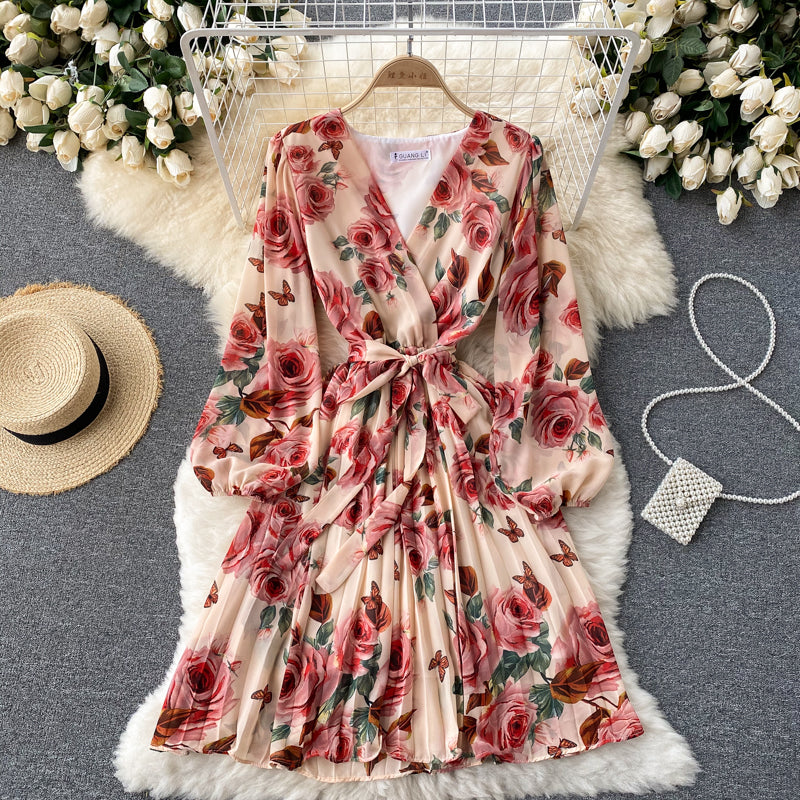 V-neck Waistband Ruffle Dress