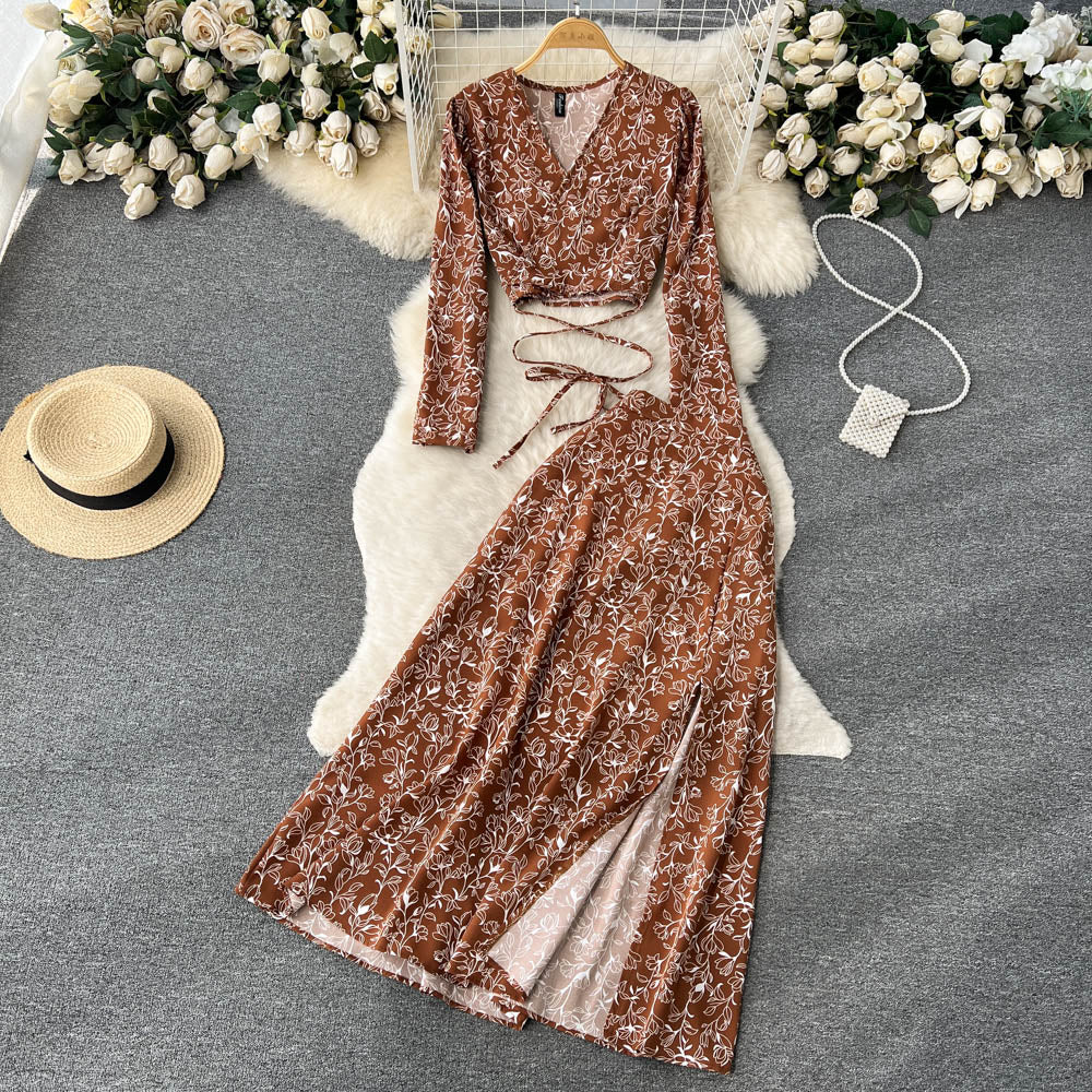 V-neck Top&Split Skirt Floral 2Pcs
