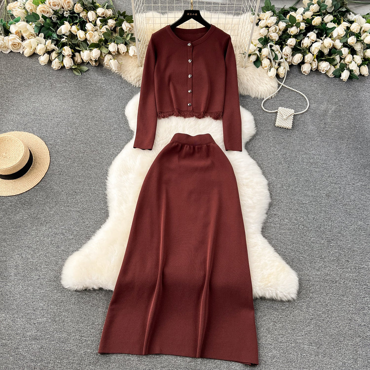 Cardigan&Half-body Skirt Fringed Knit 2Pcs