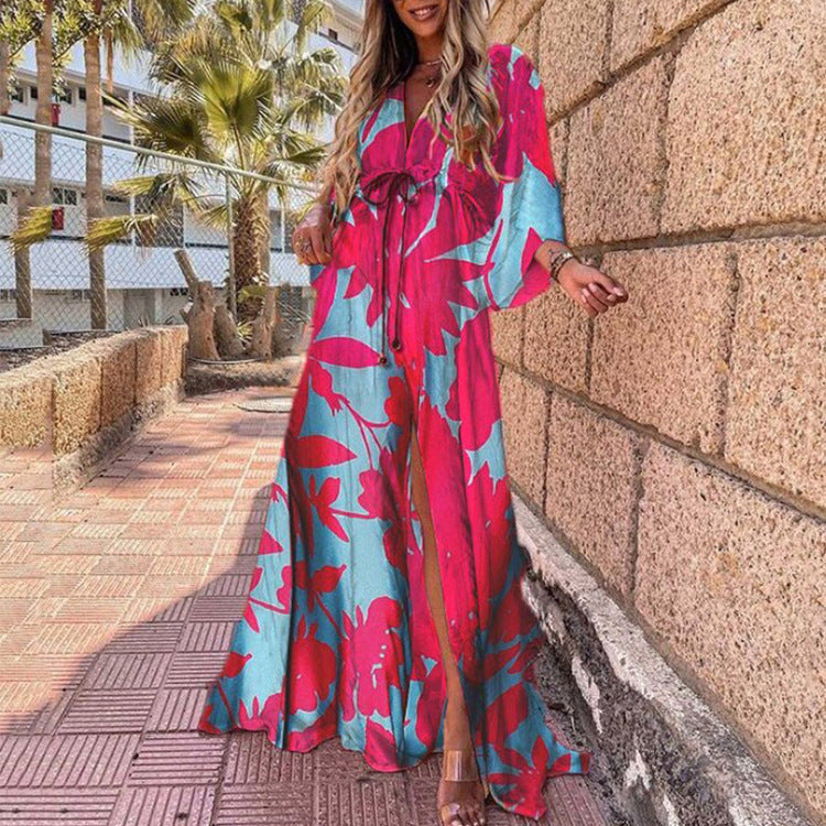 V-neck Printed Lace-up Beach Dress