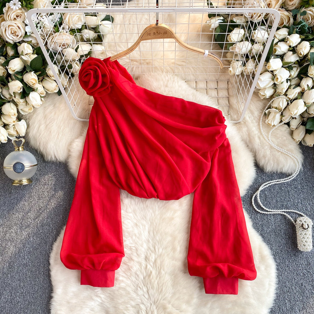 One-shoulder 3d Floral Chiffon Top