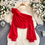 One-shoulder 3d Floral Chiffon Top