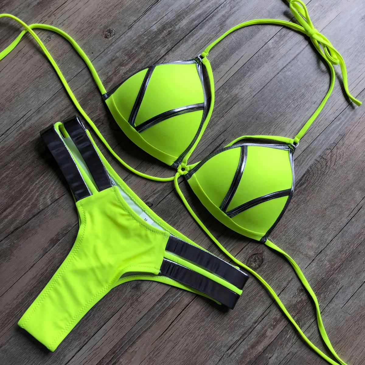 Stamping Patchwork Strappy Bikini