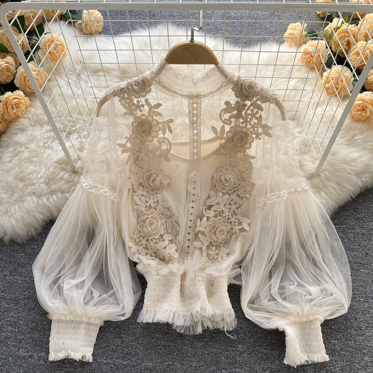 Mesh Lantern Sleeve Lace Embroidered Shirt