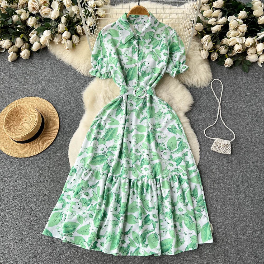Vintage Lapeled Big Floral Shirt Dress