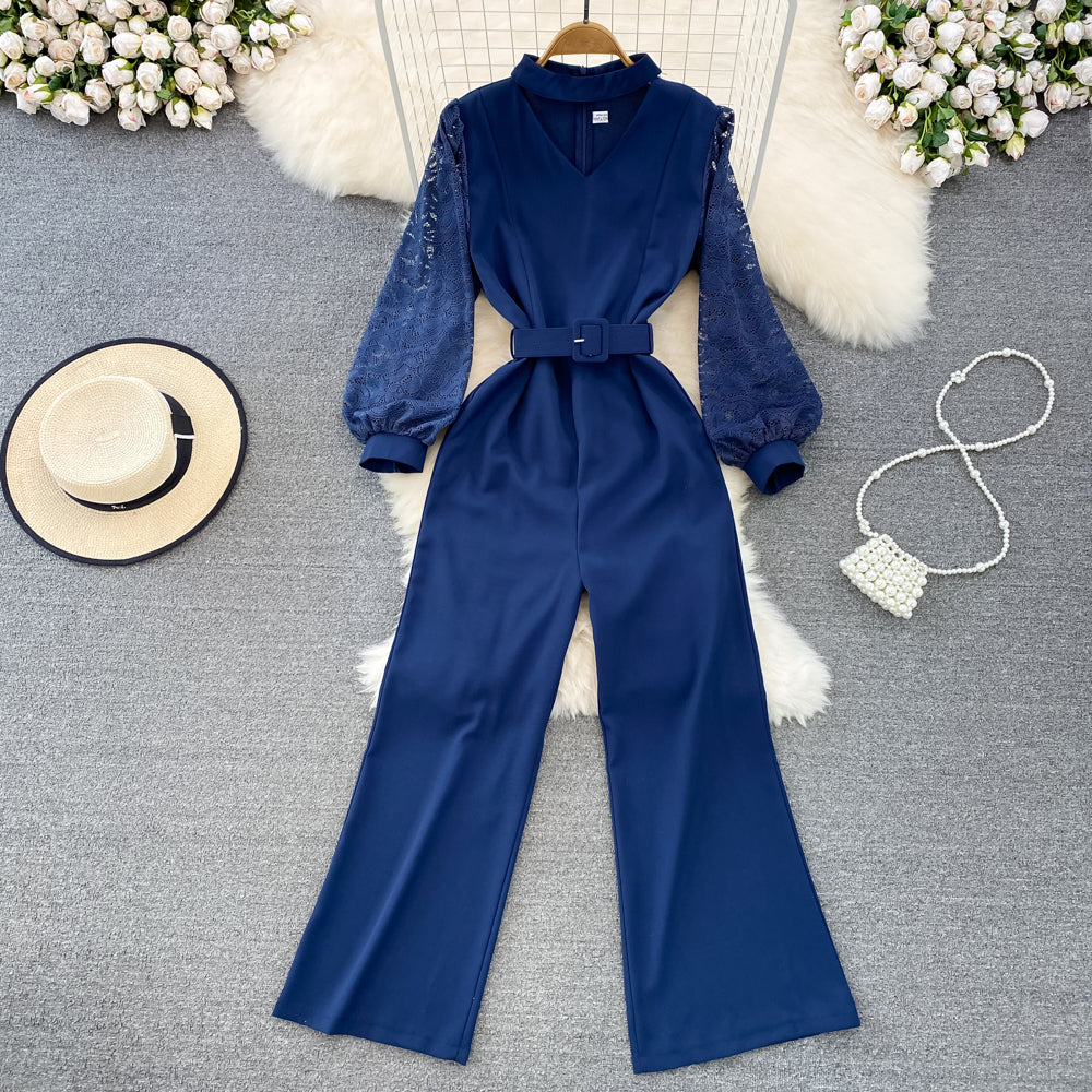 Vintage V-neck Lace Patchwork Jumpsuit