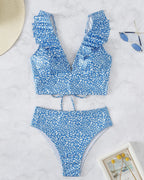 V-neck Ruffled Neckline High-waist Tankini