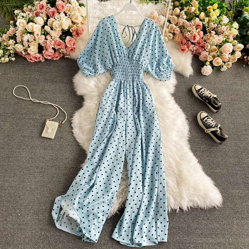 V-neck Bat Sleeve Waist Polka Dot Print Jumpsuit