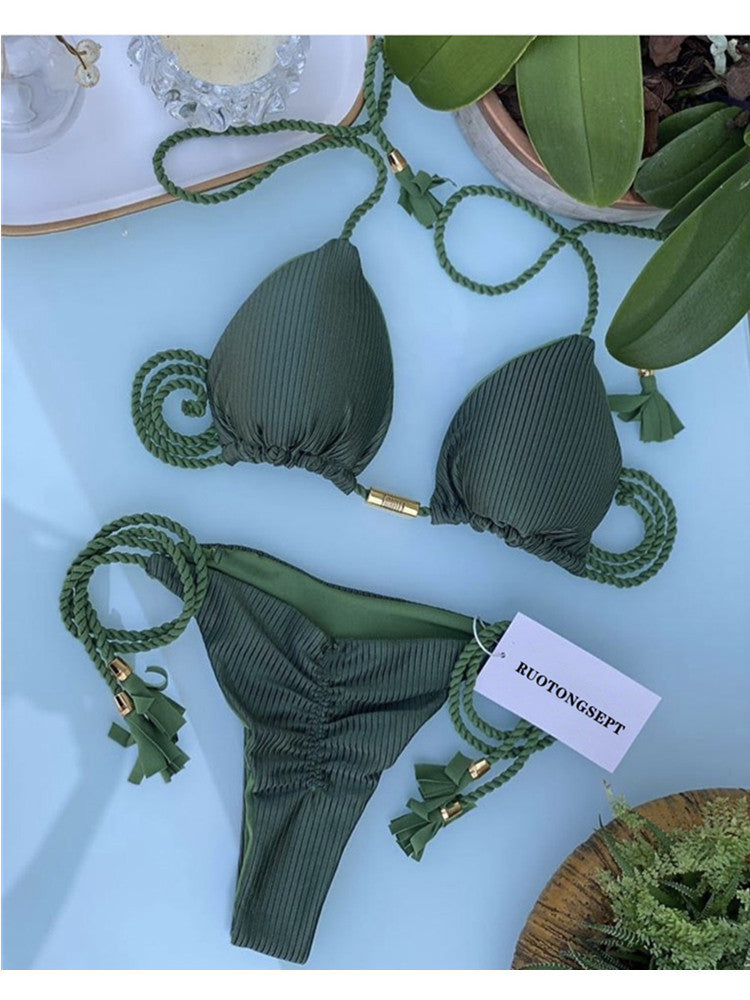 Solid Special Fabric Tassel Bikini
