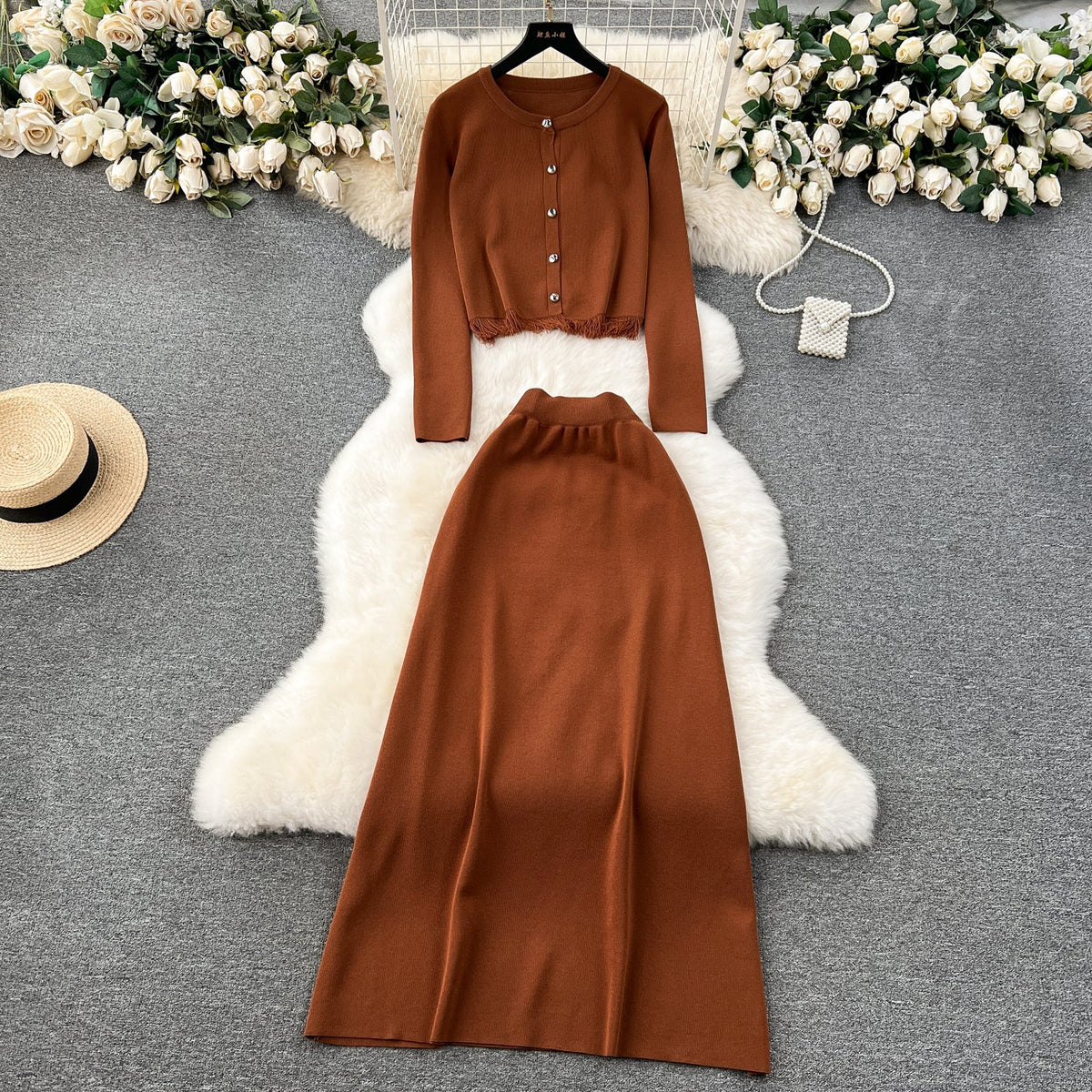 Cardigan&Half-body Skirt Fringed Knit 2Pcs