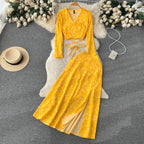 V-neck Top&Split Skirt Floral 2Pcs