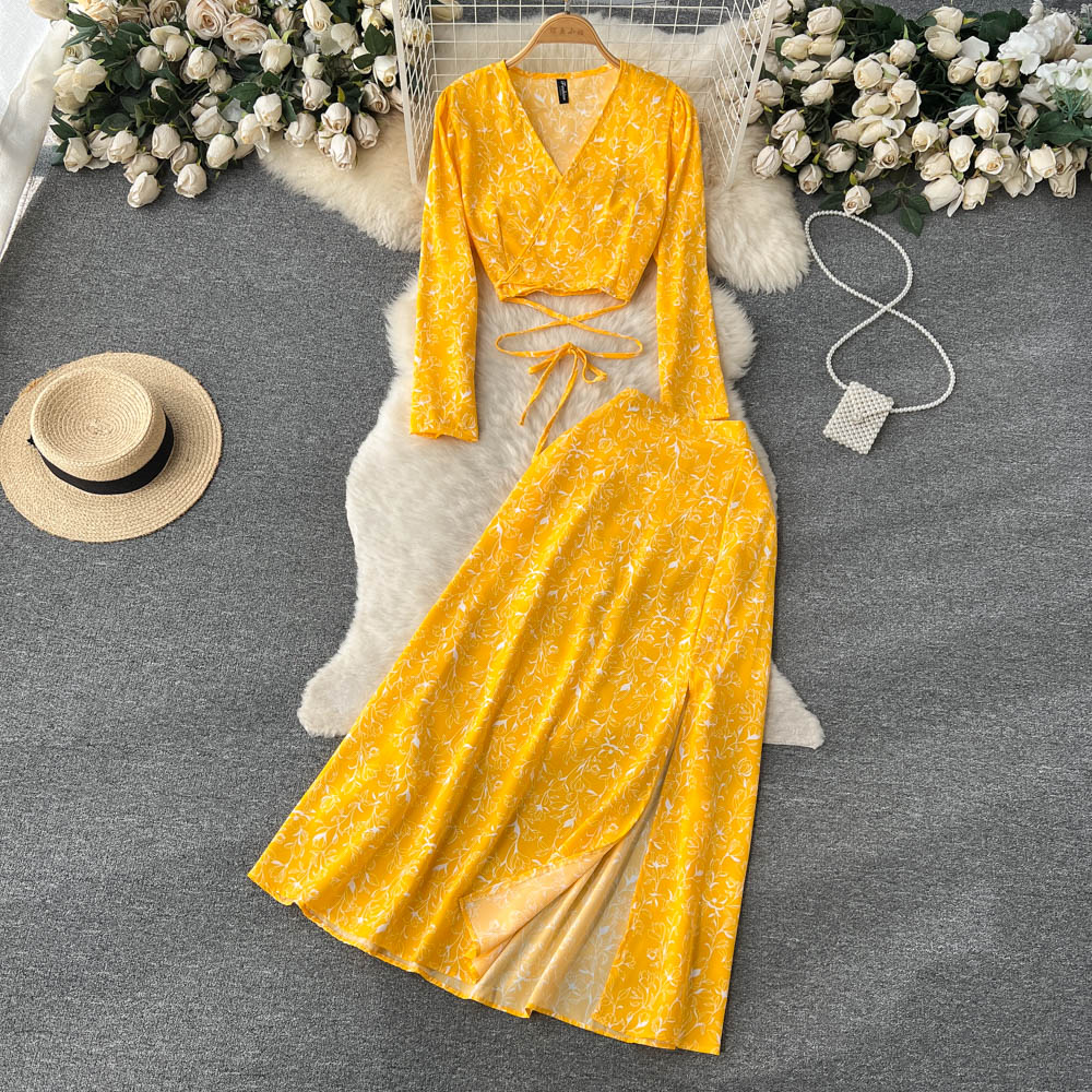 V-neck Top&Split Skirt Floral 2Pcs