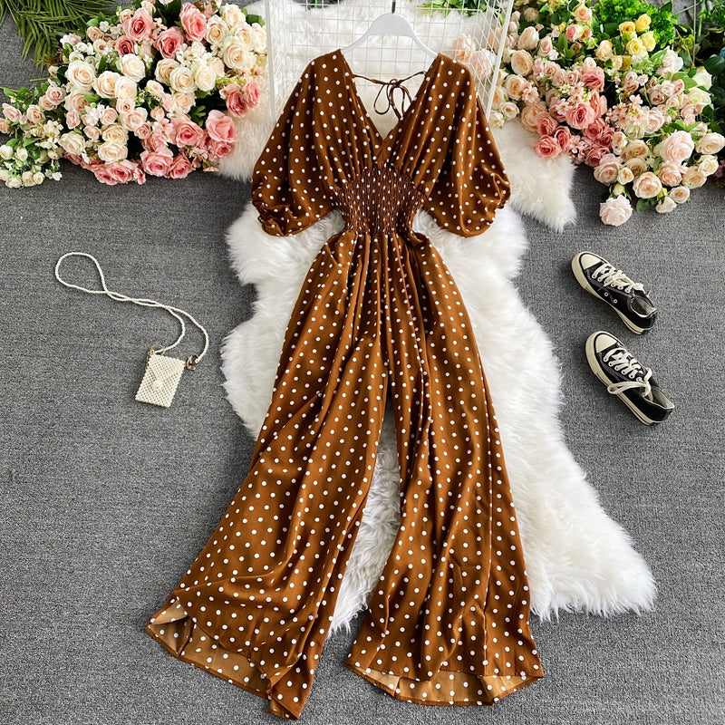 V-neck Bat Sleeve Waist Polka Dot Print Jumpsuit