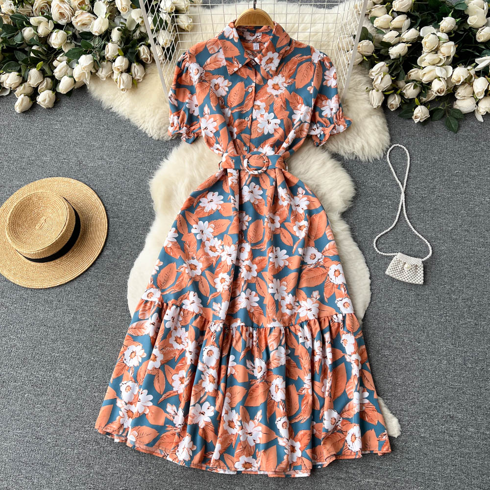 Vintage Lapeled Big Floral Shirt Dress
