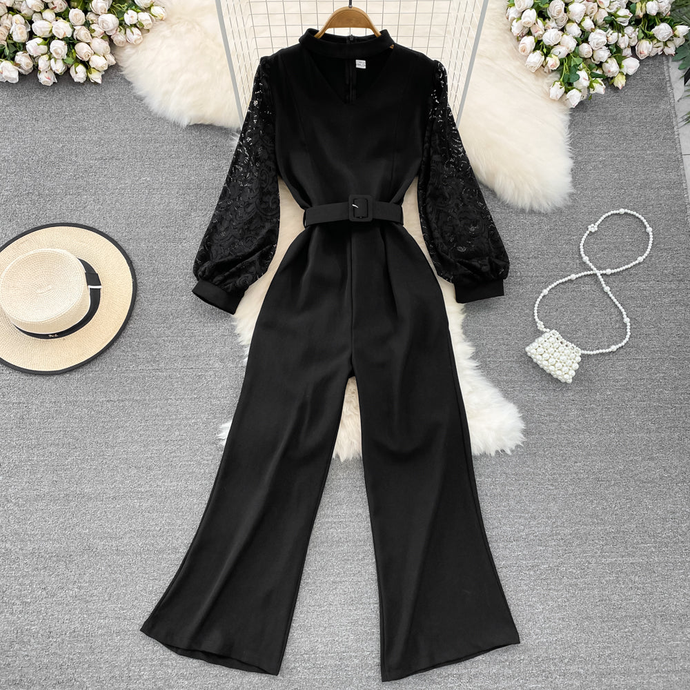 Vintage V-neck Lace Patchwork Jumpsuit