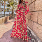 V-neck Printed Lace-up Beach Dress