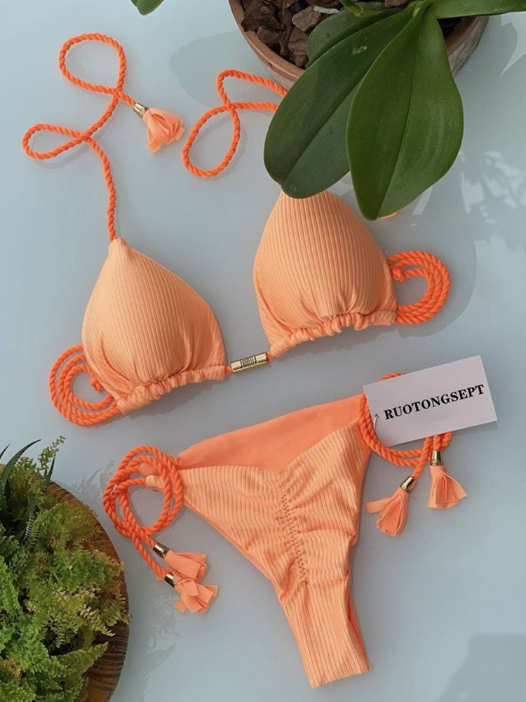 Solid Special Fabric Tassel Bikini
