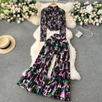 Pleated Knitwear&Wide-leg Trousers Printed 2Pcs