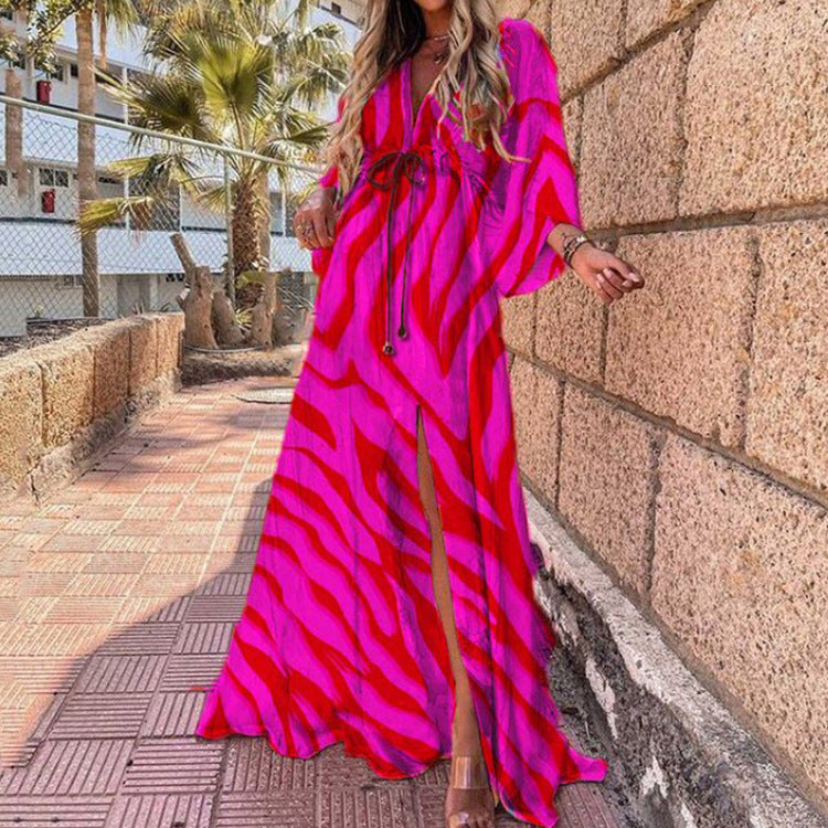 V-neck Printed Lace-up Beach Dress