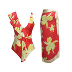 Vintage Floral Lace-up Swimwear&Wrap Skirt