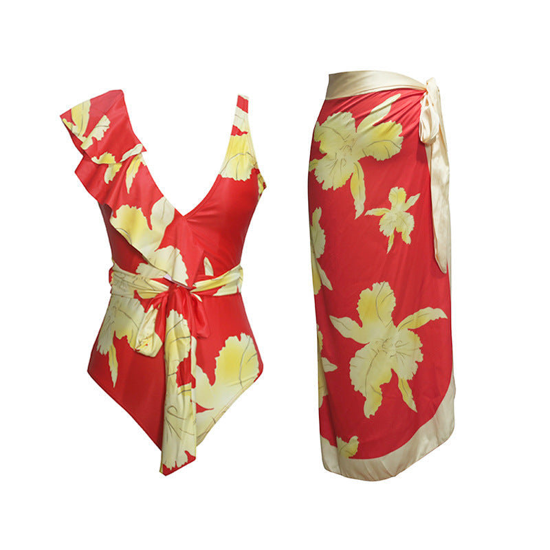 Vintage Floral Lace-up Swimwear&Wrap Skirt