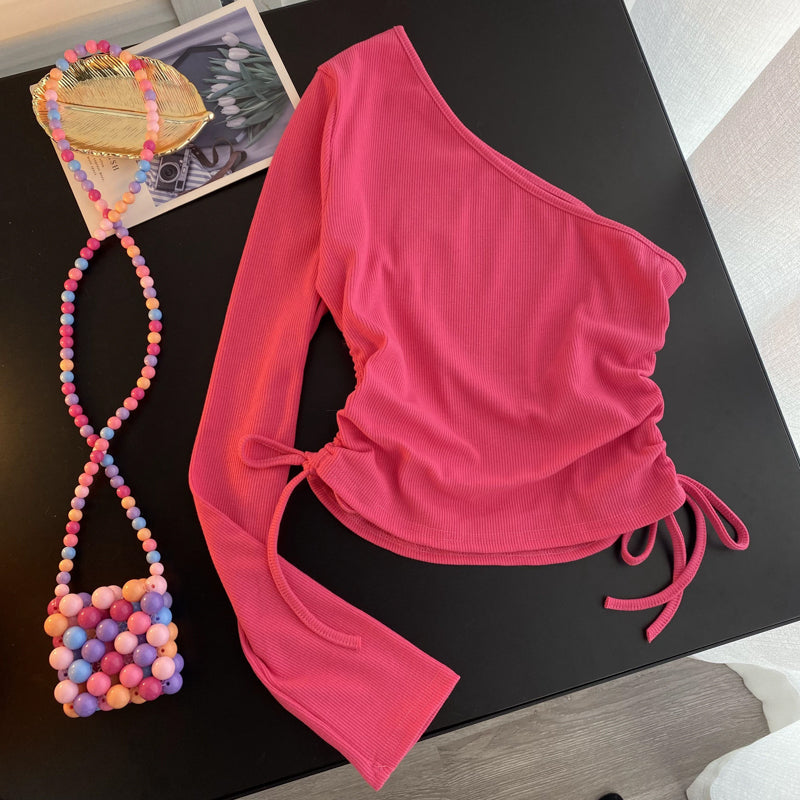 Pleated Drawstring One-shoulder Cropped T-shirt
