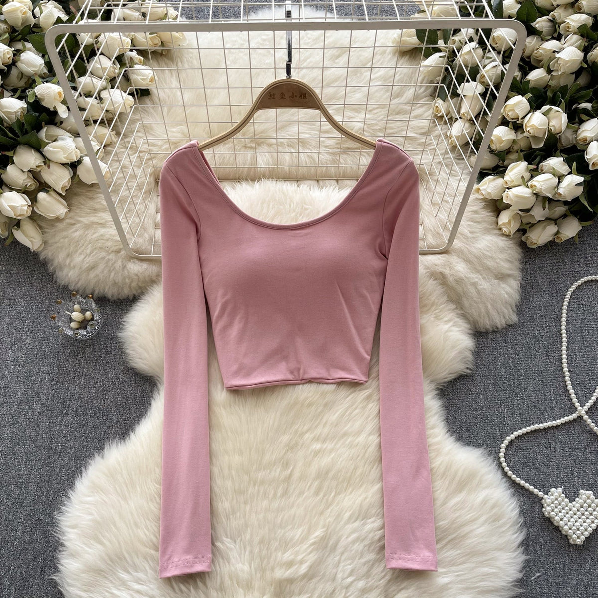 U-neck Backless Solid Color Shirt