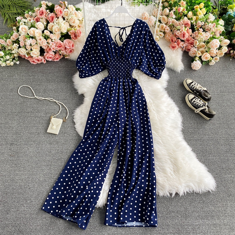 V-neck Bat Sleeve Waist Polka Dot Print Jumpsuit