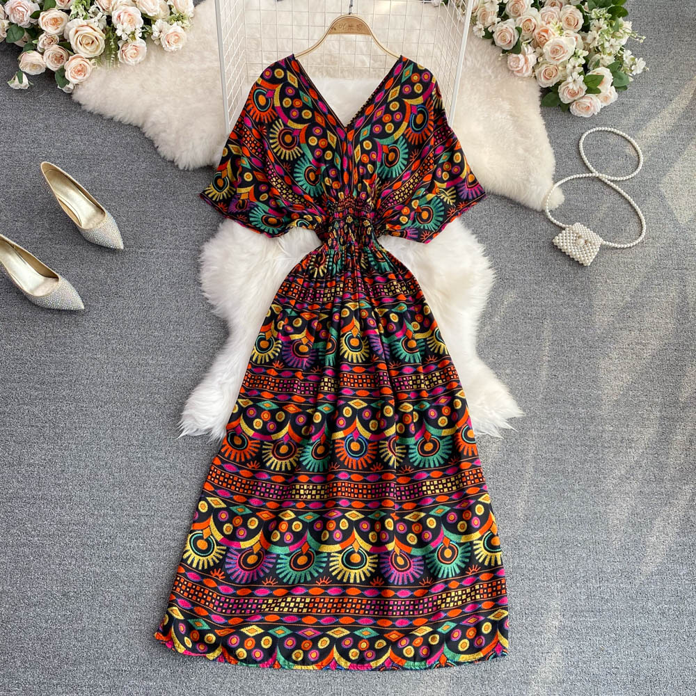 V-neck Batwing Sleeve A-line Maxi Dress
