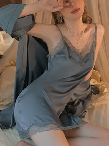 Lace Trim Slip Dress&Robe Satin 2Pcs