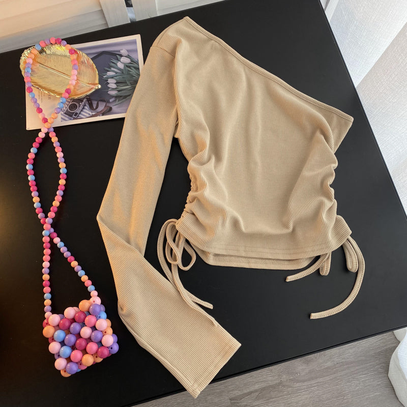 Pleated Drawstring One-shoulder Cropped T-shirt