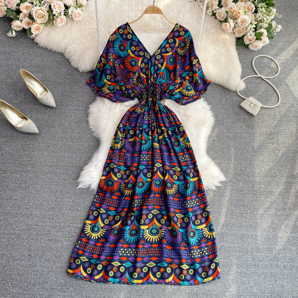 V-neck Batwing Sleeve A-line Maxi Dress