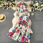 Pleated Knitwear&Wide-leg Trousers Printed 2Pcs