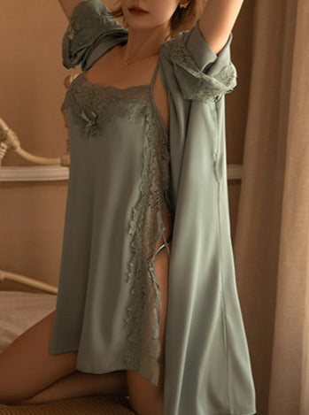 Lace-up Slip Dress&Satin Lounge Robe