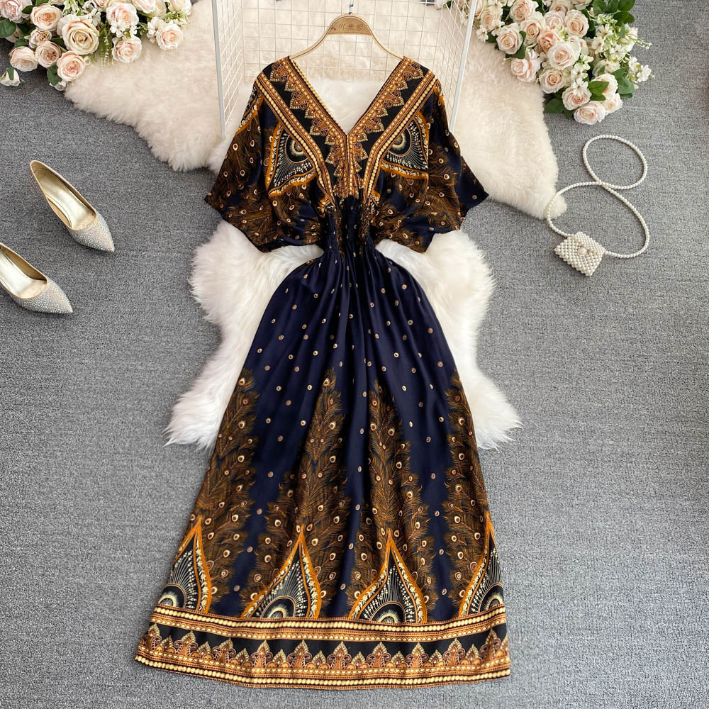 V-neck Batwing Sleeve A-line Maxi Dress
