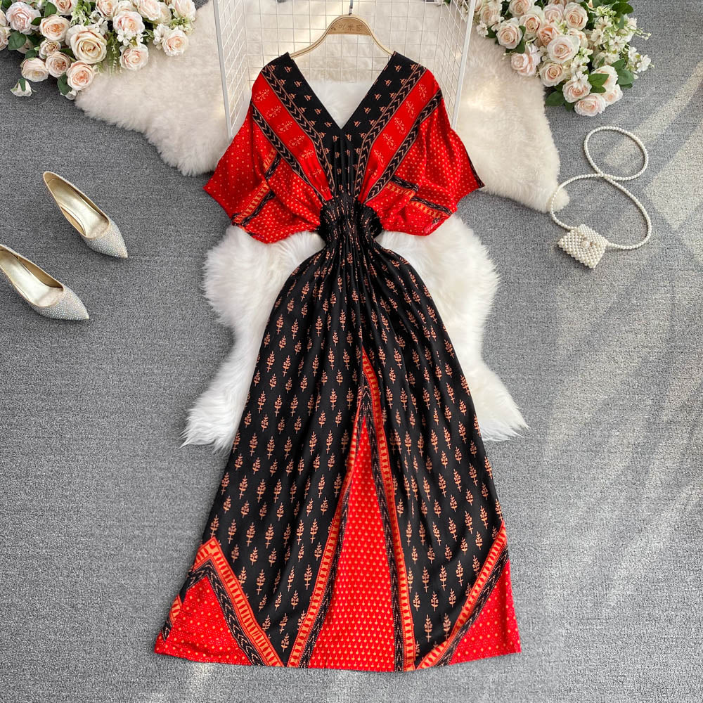 V-neck Batwing Sleeve A-line Maxi Dress