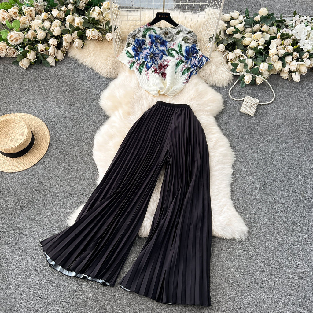 Printed T-Shirt&Pleated Trousers Loose-fit 2Pcs