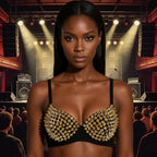 Black/Gold PU Leather Spiked Rivet Stud Steampunk Bra