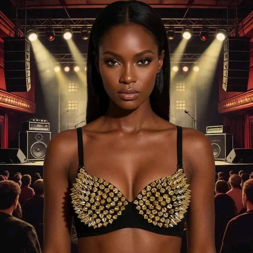 Black/Gold PU Leather Spiked Rivet Stud Steampunk Bra