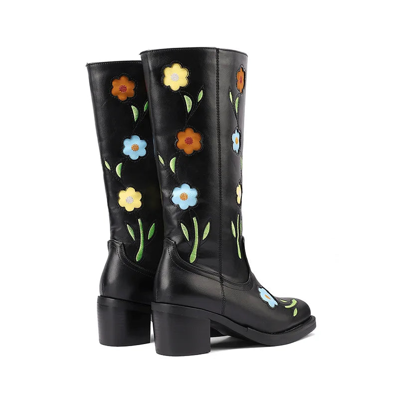 Western Flower Embroidered Women's Slip-On Rubber Midi Outsole Round Toe Boots