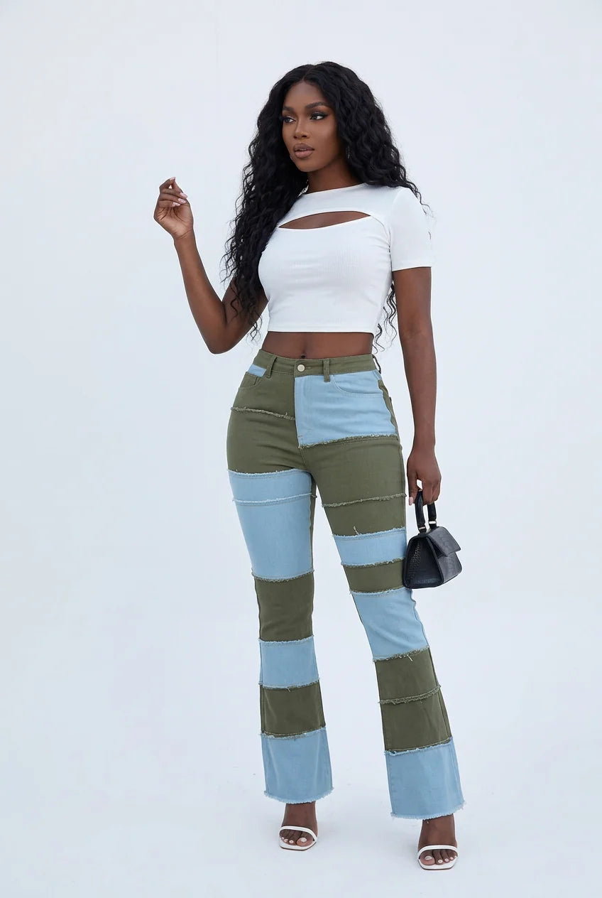 Denim Colorblock Checker Print Washed Women's Ankle Length Flared Bootcut Jeans to 3X Plus Size
