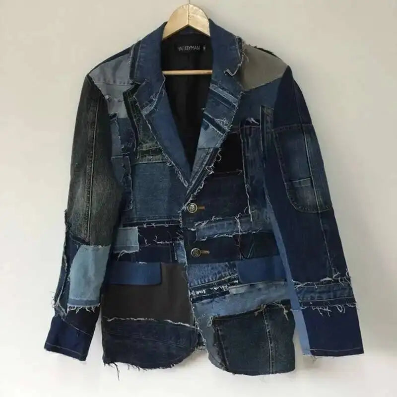 Men's Denim Colorblock Patchwork Splicing Deconstructed Heavy Industry Cowboy Jean Blazer