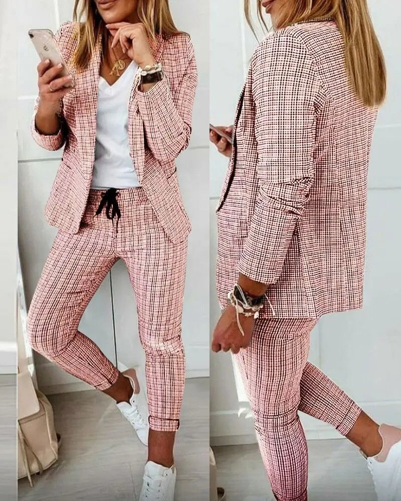 English Plaid Print Blazer Jacket +Matching Ankle Length Pants Women's Suit