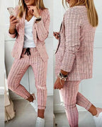 English Plaid Print Blazer Jacket +Matching Ankle Length Pants Women's Suit
