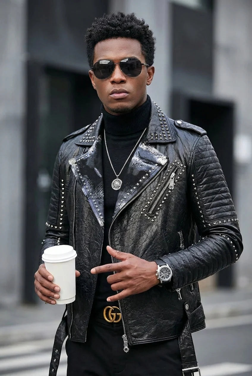 Men's Black Punk Hip-Hop 100% Cowhide Real Leather Rivet Back Airbrush Design Biker Jacket