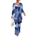 Colorblock Checker Print Women's Blazer Jacket w/ Matching Sleeveless Top + Pants 3-Piece Suit